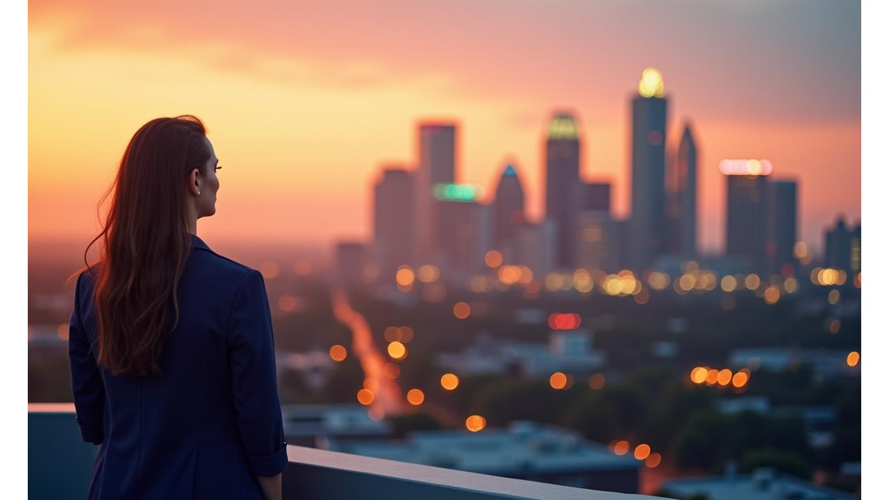 Inspired founder looking thoughtfully over Austin city skyline at dawn, symbolizing new beginnings in wellness tech.