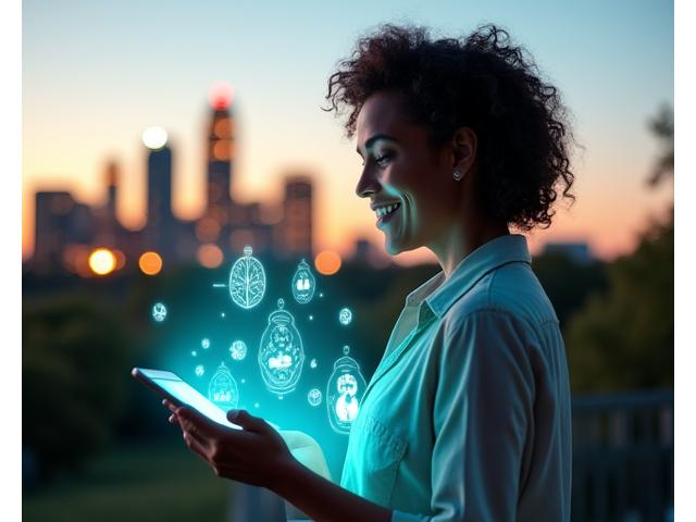 A person reading a futuristic health news feed on a tablet, with Austin city skyline in the background, surrounded by wellness symbols like a leaf, a heart, and a brain-wave icon.