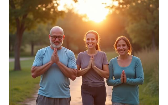 A family smiling and exercising together in an outdoor setting.