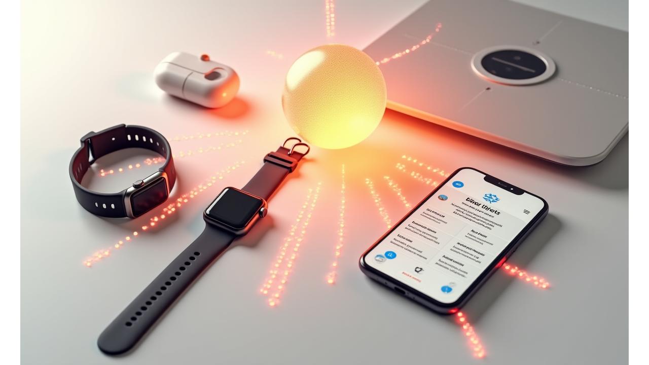 Grid of various popular health and fitness apps and smart devices (e.g., Apple Watch, Fitbit, smart scale, smartphone with a wellness app) connected by glowing lines to a central AuraWell Collective logo, symbolizing seamless integration.