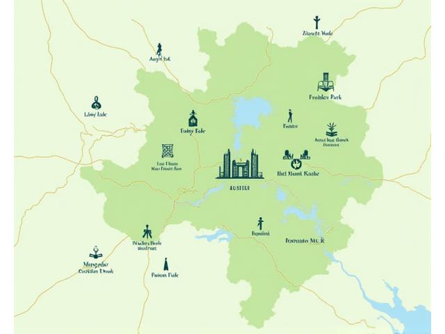 Map of Austin with peaceful green areas highlighted, showing people engaging in outdoor yoga and walking, representing local mindfulness resources.