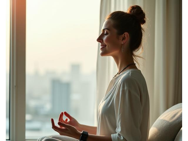 Woman meditating calmly in a modern, light-filled space, representing peace amidst a busy lifestyle