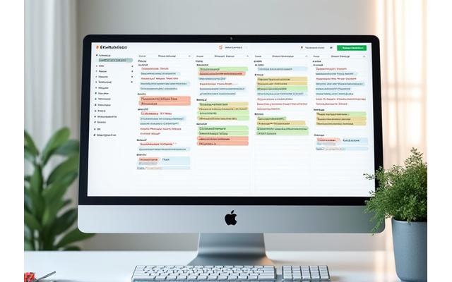 A digital calendar interface on a large screen displaying a week's worth of organized, colorful meal plans with drag-and-drop functionality and a grocery list appearing on the side.