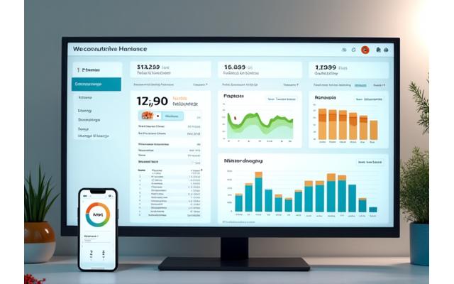 A vibrant dashboard on a large monitor showing progress charts, caloric intake, and nutrient breakdown, with a smartphone displaying a quick meal logging feature (e.g., photo upload) simultaneously.