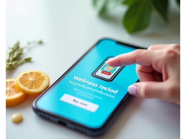 A mobile phone screen displaying an intuitive e-commerce interface for wellness products, showing integrated progress tracking and local store pickup options. A hand is about to tap a 'buy now' button, conveying ease of use.