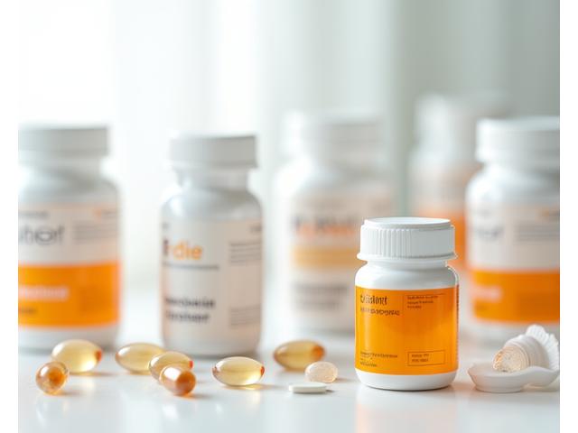 Various health supplements and vitamins displayed on a clean surface, with a blurred background suggesting a bright, modern lab or pharmacy. Focus on clear labeling and professional packaging.