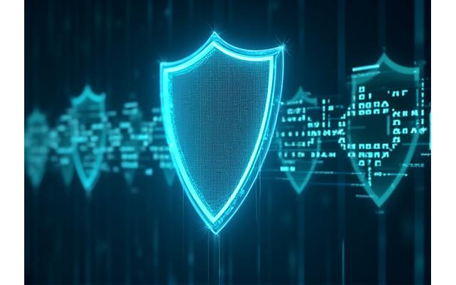 A abstract visual representation of secure data flow, with interlocking shields and glowing data packets, symbolizing HIPAA compliance and encryption in a digital ecosystem.